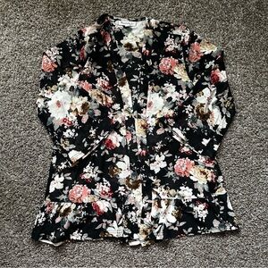 Vintage North Style Black Floral Sheer Ruffle Kimono Cardigan Size M